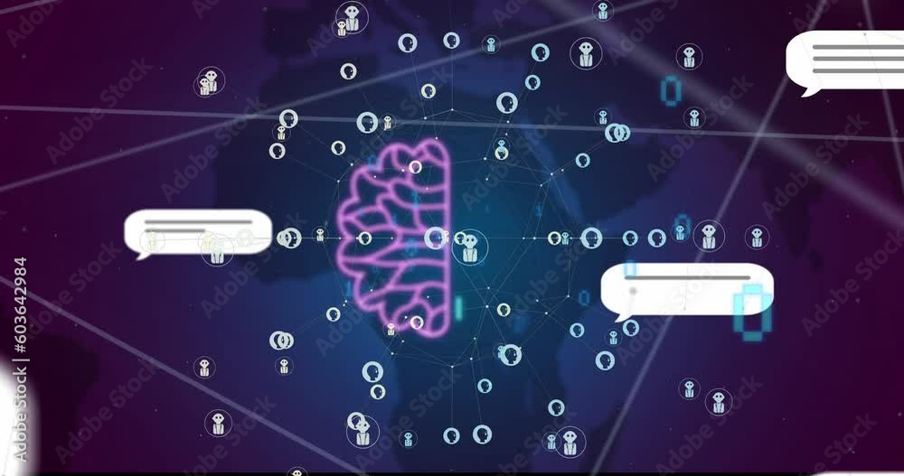 Animation of ai chat and data processing over globe on purple background