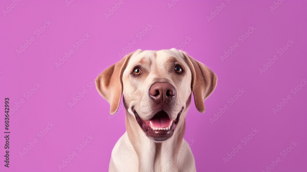 Portrait of a cute labrador retriever on a purple background.Generative Ai