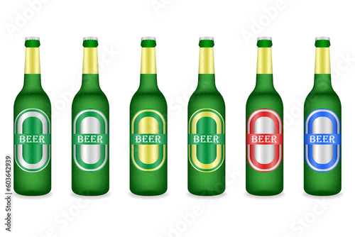 Beer Bottles with Water Drops. Vector Illustration Isolated on White Background. 