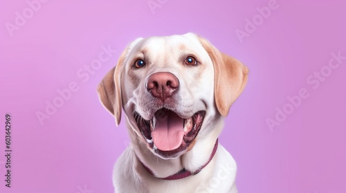 Portrait of a cute labrador retriever on a purple background.Generative Ai