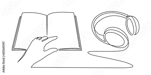 Headphone and book one line art,hand drawn audio reading device,listening audiobook wireless gadget continuous contour.Education and studying concept,technology for audition text outline.Editable