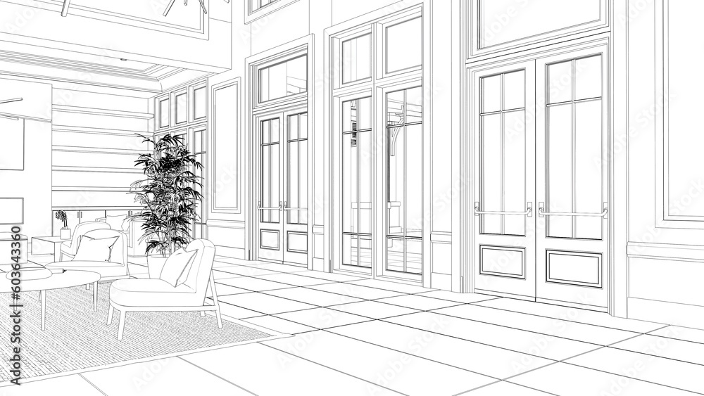 large and spacious interior of the lobby in the hotel, sketch, outline illustration, cg render large and spacious interior of the lobby in the hotel, sketch, outline illustration, cg render