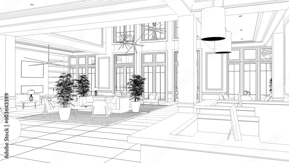 large and spacious interior of the lobby in the hotel, sketch, outline illustration, cg render large and spacious interior of the lobby in the hotel, sketch, outline illustration, cg render