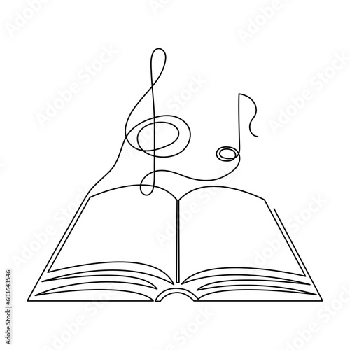 Book with treble clef and musical note one line art,hand drawn continuous contour.Creative design.Education studying learning concept,artistic template outline.Editable stroke.Isolated.Vector