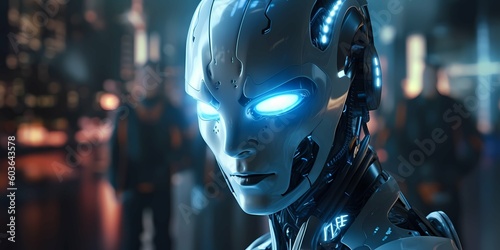 Scary Robot with Blue Eyes - Concept Art. Generative AI