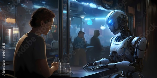 Robot and Human at a Bar - Concept Art. Generative AI