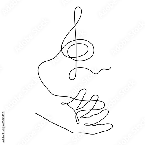 Hand holds treble clef one line art, hand drawn continuous contour. Artistic creative concept, minimalist design. Editable stroke. Isolated. Vector illustration