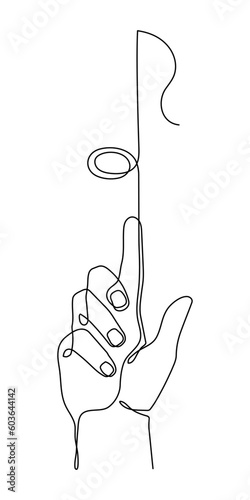 Hand holds musical note one line art, hand drawn continuous contour. Artistic creative concept, minimalist design. Editable stroke. Isolated. Vector illustration