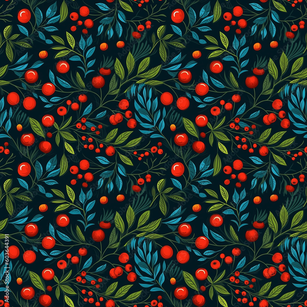 seamless pattern on dark background of flowers leaves and berries. generative ai