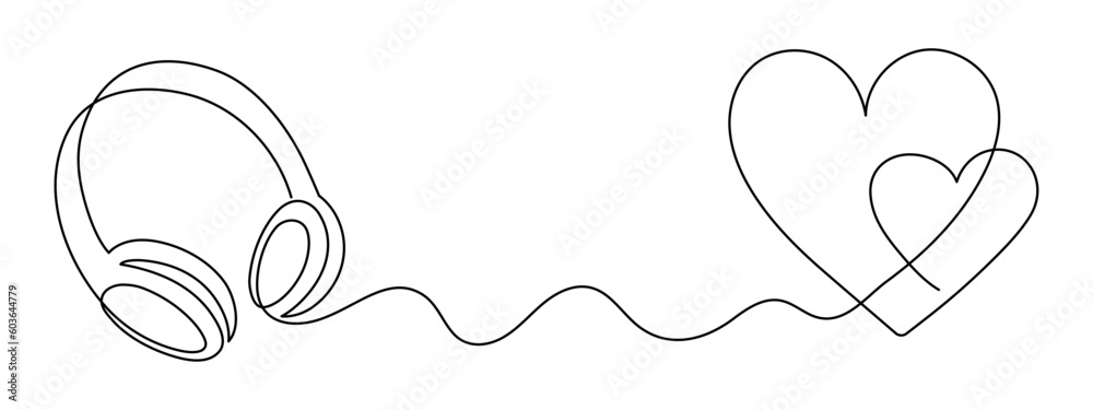 Headphone with heart one line art,hand drawn device gadget continuous contour.Listening music wireless gadget and romantic symbol for February 14 online concept,technology for audition songs.Editable