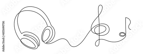 Headphone with treble clef and musical note one line art,hand drawn device gadget continuous contour.Listening music wireless online concept,audition songs technology.Editable stroke.Isolated.Vector