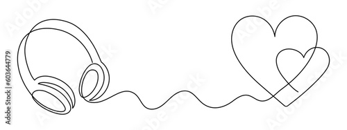 Headphone with heart one line art,hand drawn device gadget continuous contour.Listening music wireless gadget and romantic symbol for February 14 online concept,technology for audition songs.Editable