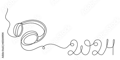 Headphone and 2024 one line art,hand drawn device gadget continuous contour.Listening festive New Year music wireless online concept,technology for audition holiday songs.Editable stroke.Isolated.