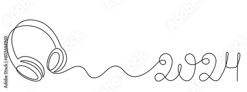 Headphone and 2024 one line art,hand drawn device gadget continuous contour.Listening festive New Year music wireless online concept,technology for audition holiday songs.Editable stroke.Isolated.