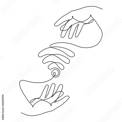 Hand with WI-FI signal one line art,hand drawn pals holds internet hotspot,access point continuous contour.Free zone wireless online concept,template outline.Editable stroke.Isolated.Vector