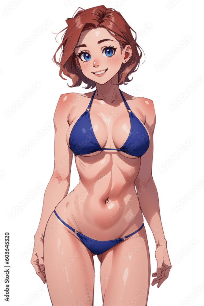 Obraz premium Cute sexy woman in bikini swimsuit illustration, PNG isolated transparent background anime style cartoon generative ai
