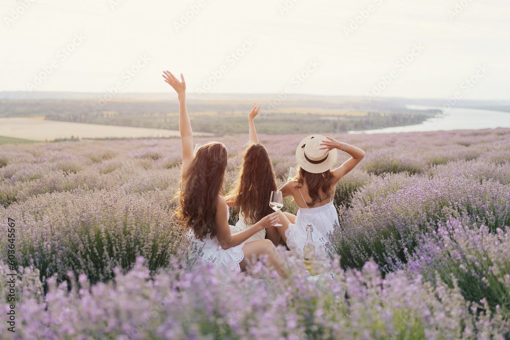 Young female friends is having picnic with wine, cheese and fresh fruits on lavender field at sunset.