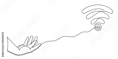 Hand with WI-FI signal one line art,hand drawn pals holds internet hotspot,access point continuous contour.Free zone wireless online concept,template outline.Editable stroke.Isolated.Vector