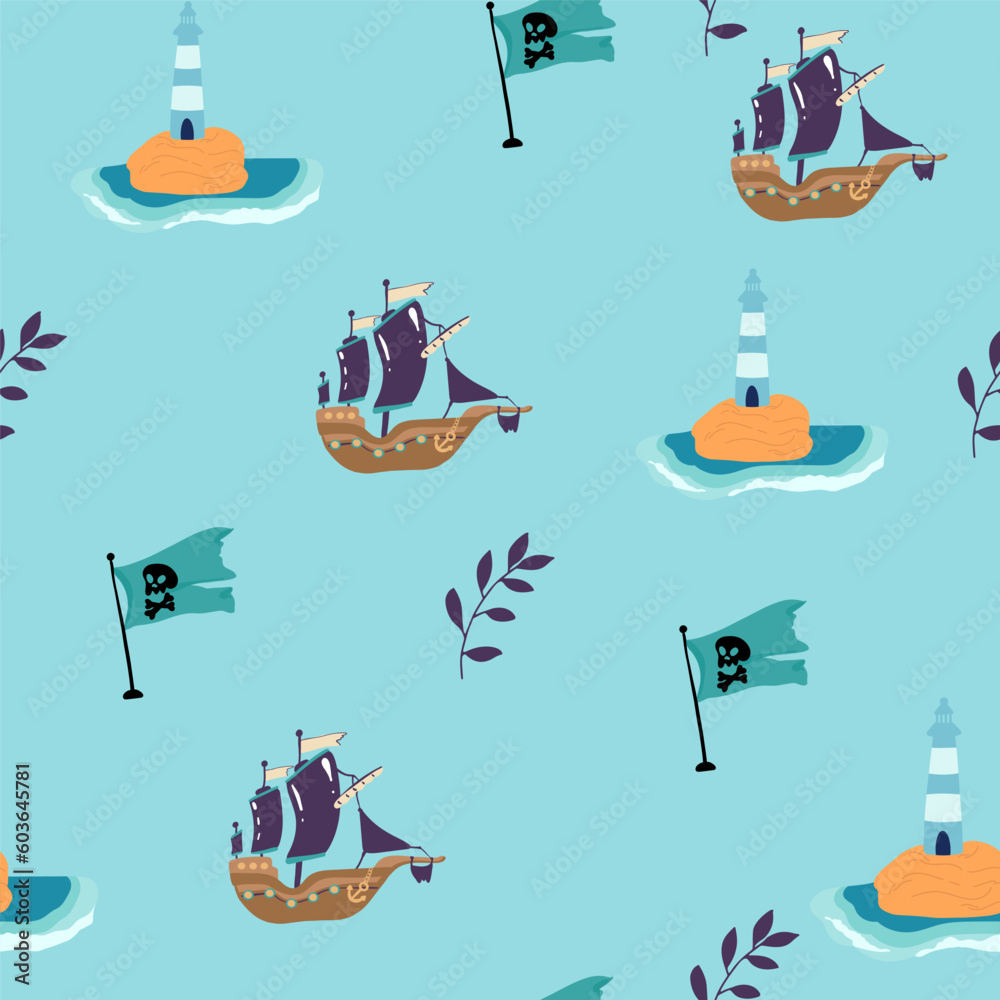 Pirate sea flat vector seamless pattern. Sailing backdrop. Anchor, map ...