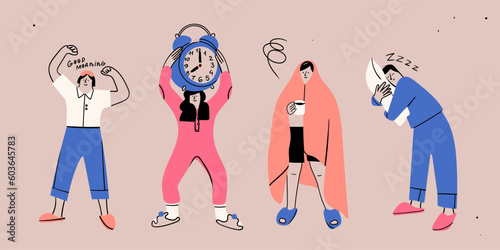 Set of people in pajamas with sleep mask, pillow, cup of coffee, blanket and big alarm clock. Cute cartoon characters. Hand drawn Vector illustration. Isolated elements. Morning, waking up concept