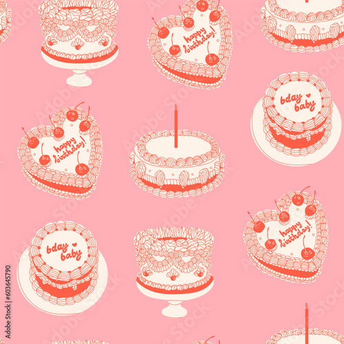 Cakes with candle, cherry, cream. Retro style. Sweet tasty food. Hand drawn trendy Vector illustration. Party, wedding, anniversary, celebration, birthday concept. Square seamless Pattern