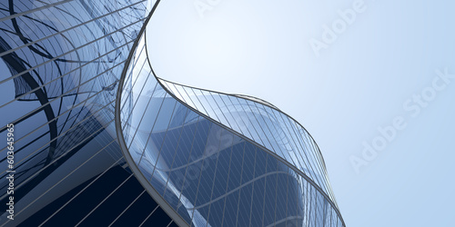 Low angle view of futuristic architecture, Skyscraper of office building with curve glass window, 3D rendering. photo