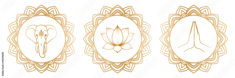 © tiena - Golden elephant head, lotus flower and hands in mudra Namaste in an round ornate frames in outline style. Illustration on transparent background © tiena - Golden elephant head, lotus flower and hands in mudra Namaste in an round ornate frames in outline style. Illustration on transparent background