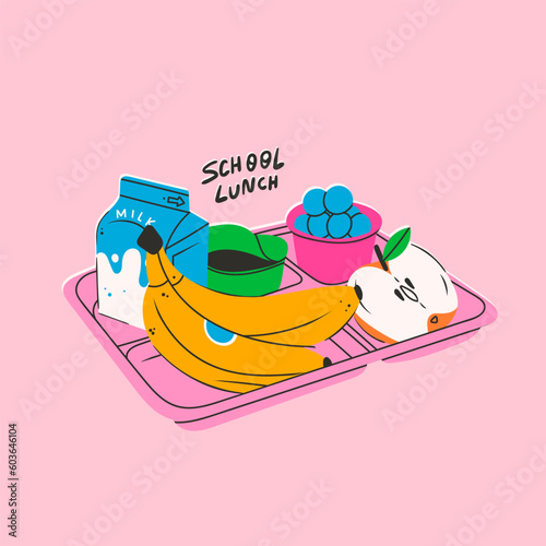 Tray with various food: banana, berries, apple, milk. Hand drawn Vector illustration. Isolated design element. Poster, print, logo template. Healthy food, school lunch box concept