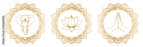 Golden elephant head, lotus flower and hands in mudra Namaste in an round ornate frames in outline style. Illustration on transparent background
