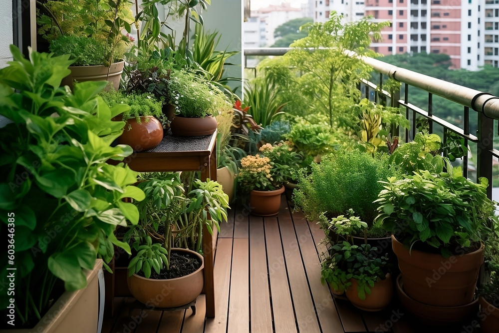 A cozy balcony garden in the city Generative AI
