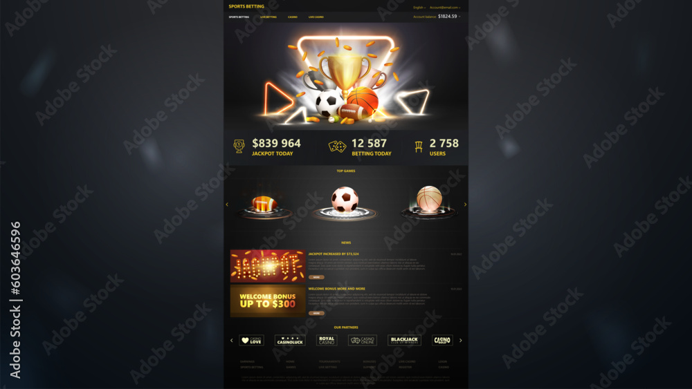 Sports betting, dark and gray template of website with web banners and sports elements - obrazy, fototapety, plakaty 