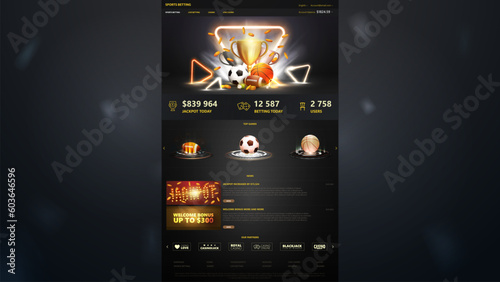 Sports betting, dark and gray template of website with web banners and sports elements