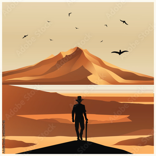 retro science fiction  exploration scene  mystery desert landscape illustration poster