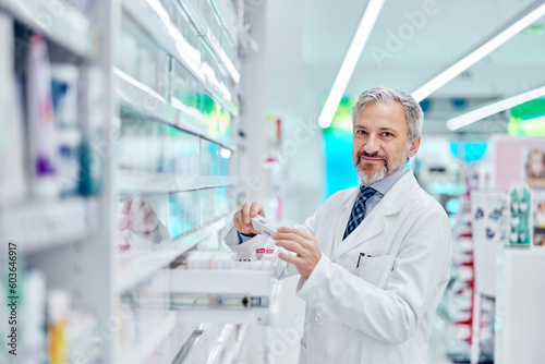 Portrait of a smiling man  working like a pharmacist  posing for the camera.