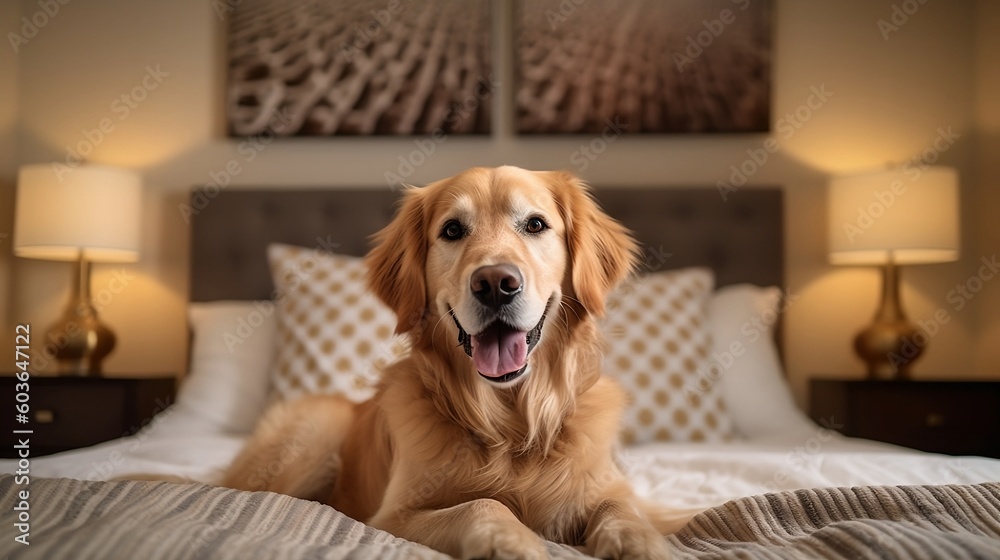 Golden retriever lying on a bed, majestic portrait - Generative AI Golden retriever lying on a bed, majestic portrait - Generative AI