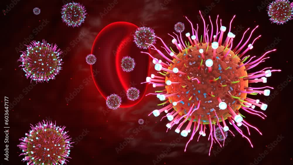 Render Close-up 3d of virus.red blood cell.Corona virus.covid-19.virus character clinging to blood cells. Render Close-up 3d of virus.red blood cell.Corona virus.covid-19.virus character clinging to blood cells.
