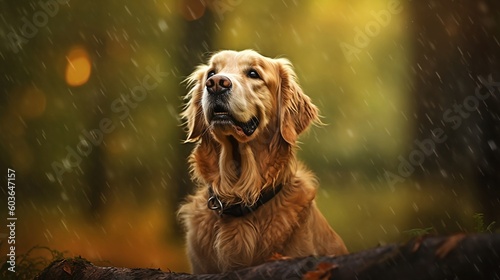 Golden retriever in the rain, majestic portrait - Generative AI