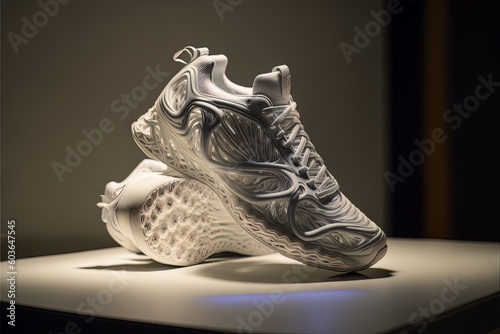 Concept of 3D Printed Shoe Rendering in Showroom, Generative Ai Illustration