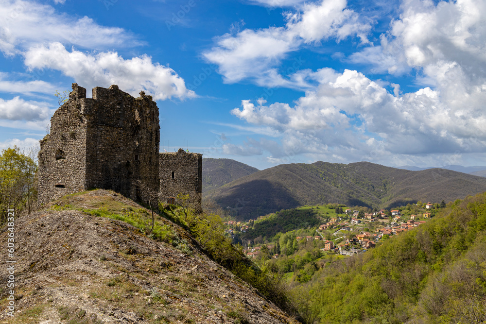 Ruins of the castle of Savignone in the Ligurian hinterland of Genoa, Italy