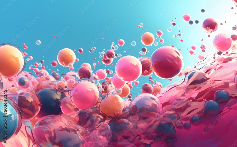 Energetic Summer Abstractions: Reflective Spheres with colorful Pink, Blue, and Yellow Hues. Air bubles against clear, blue sky. Fresh and Lively 3d render like Energetic Summer Abstractions: Reflective Spheres with colorful Pink, Blue, and Yellow Hues. Air bubles against clear, blue sky. Fresh and Lively 3d render like