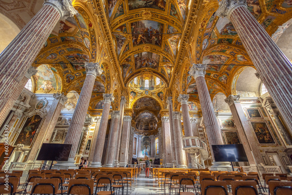 GENOA, ITALY, APRIL 28, 2023 - Inner of the Basilica of the Santissima Annunziata of Vastato in Genoa, Italy