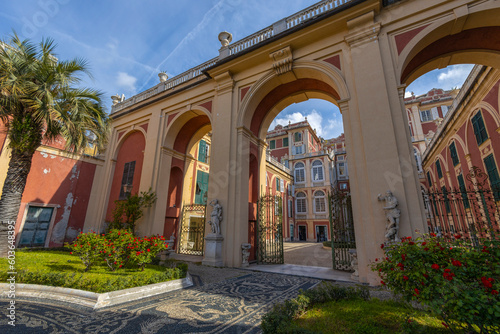 GENOA, ITALY, APRIL 28. 2023 - The entrance to the garden of the Royal Palace in Genoa, Italy