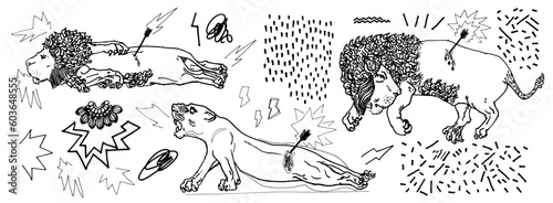 Recursos graficos con estilo contemporaneo de ilustraciones, leones y recursos graficos dibujados a mano. Ilustración de escultura de línea para estampados de camisetas, carteles, pegatinas