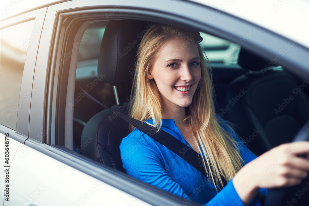 Portrait, smile and woman driving car for travel, journey and transportation. Face, happy and female person in vehicle, automobile and motor transport driver for traveling, road trip drive and moving