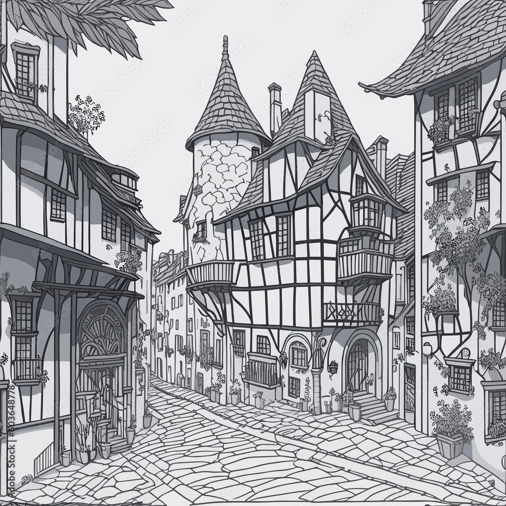 outline drawing of medieval town. Created with generative AI.