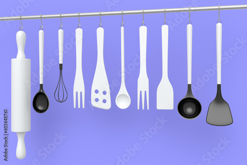 Set of kitchen utensil for preparation of dough hanging on shelf on violet