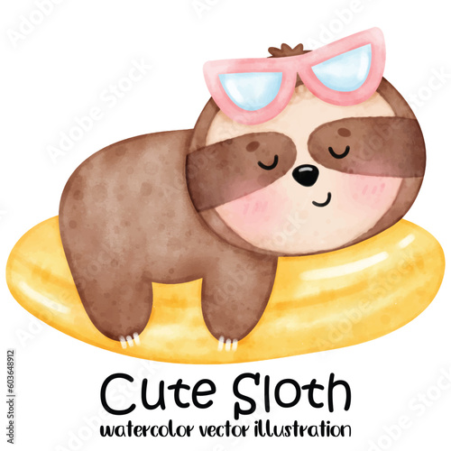 Cute sloth, sloth vector illustration, watercolor animal, summer, beach