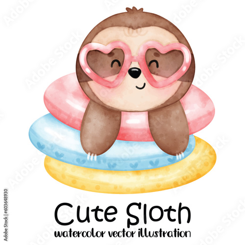 Cute sloth, sloth vector illustration, watercolor animal, summer, beach