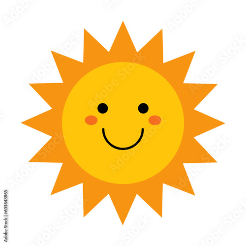 Vector cute sun with face. Funny smiling sun in flat design. Childish sunshine emoji. Baby sun with sharp triangle sunbeams. Kids clipart.
