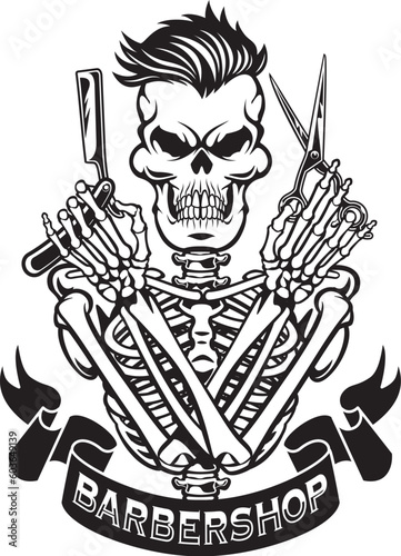 Human skeleton holding razor knife and barber scissor 